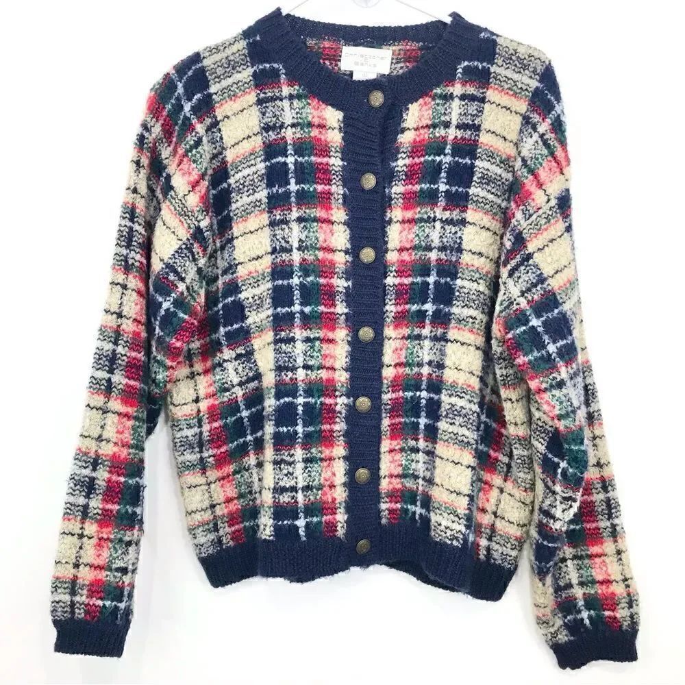 Christopher & Banks Navy Blue Cream Plaid Fuzzy Knit Cardigan Sweater
